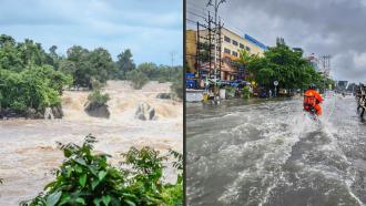 A flooded river and a bike riding on a flooded road