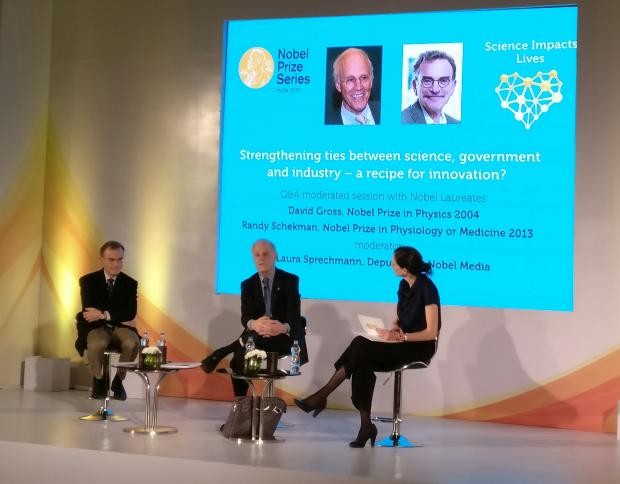 Nobel Laureates Prof. Gross and Prof. Schekman with Ms. Laura Sprechmann Nobel Laureates Prof. Gross and Prof. Schekman with Ms. Laura Sprechmann
