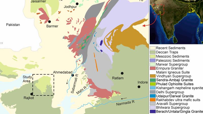 Map of Western India with study area highlighted. Credits: Roy, A.B. and Jakhar, S.R., 2002. Geology of Rajasthan (Northwest India) Precambrian to recent. Scientific Publishers. Map of Western India with study area highlighted. Credits: Roy, A.B. and Jakhar, S.R., 2002. Geology of Rajasthan (Northwest India) Precambrian to recent. Scientific Publishers.