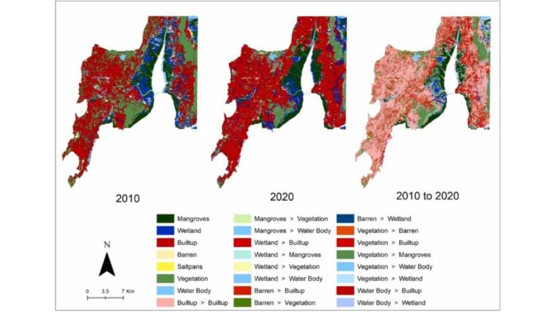 Left- LULC for the year 2010, Middle: LULC for 2020, Right- LULC change between 2010 and 2020 in Mumbai region. Credit: Authors Left- LULC for the year 2010, Middle: LULC for 2020, Right- LULC change between 2010 and 2020 in Mumbai region. Credit: Authors