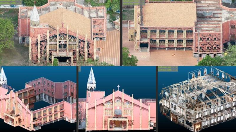Image: UAV point cloud model for external surfaces (Top) and TCRP point cloud model for external and internal surfaces (Bottom) Credit: Authors 3D model of Church