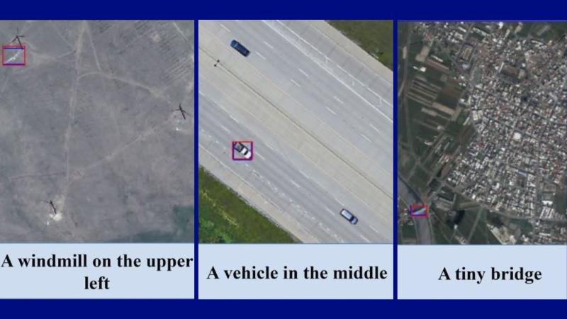 Remote sensing images with the identified object inside the box and query text below. Credits: Authors of the study Satellite images