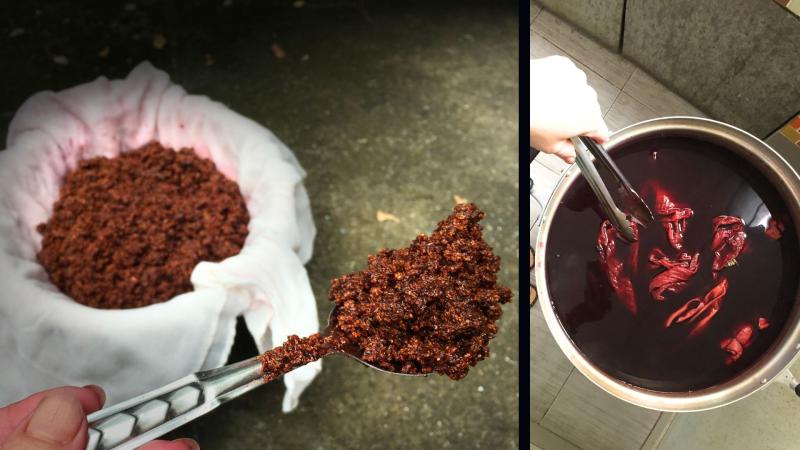 Red Lac Dye and process of dying clothes using Lac dye in Thailand Dried Lac Dye and clothes being dyed using Lac dye