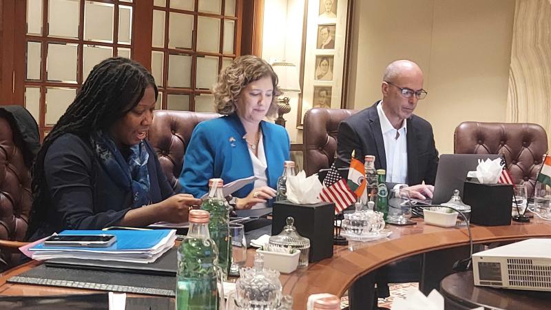 Dr. Laurie Leshin (centre), and Phillip Barela(right), along with spokesperson Samantha Jackson(left) at the media briefing in Bengaluru. Dr. Laurie Leshin (centre), and Phillip Barela(right), along with spokesperson Samantha Jackson(left) at the media briefing in Bengaluru.