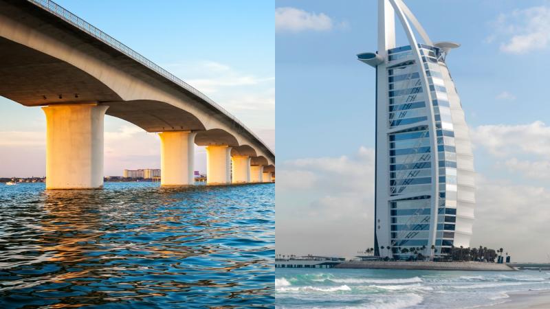 Representative image of a bridge and a buidling in the ocean A bridge and a buidling on the sea