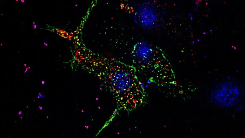 A pancreatic beta cell that shows puncta in the form of GLUT transporters in green and insulin granules in red, the nucleus of the cell in blue, taken in super-resolution under Zeiss-Elyra (Credit: Anuma Pallavi) A pancreatic beta cell that shows puncta in the form of GLUT transporters in green and insulin granules in red, the nucleus of the cell in blue, taken in super-resolution under Zeiss-Elyra (Credit: Anuma Pallavi)
