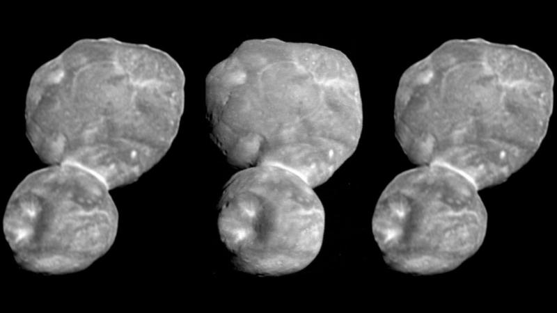 Cross-eyed (left+center) and direct (center+right) stereo pair image of Arrokoth, taken by LORRI/New Horizons. Image Credit: Spencer et al., 2020.