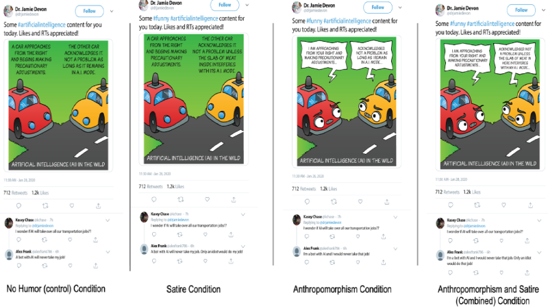 Four sample tweets shown to participants, Source: Frank, A. L., Cacciatore, M. A., Yeo, S. K. and Su, L. Y.-F. (2025). Wit meets wisdom: the relationship between satire and anthropomorphic humor on scientists' likability and legitimacy JCOM 24(01), A04. Screenshot of 4 tweets from a fictional account talking about AI with varu=ing degrees of humour