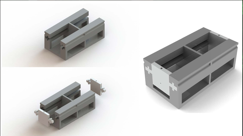 Image caption: 3D rendering of the microchip holder, showing the the fixed part in grey and the sliders in white IIT Kanpur researchers patent a microfluidic chip holder