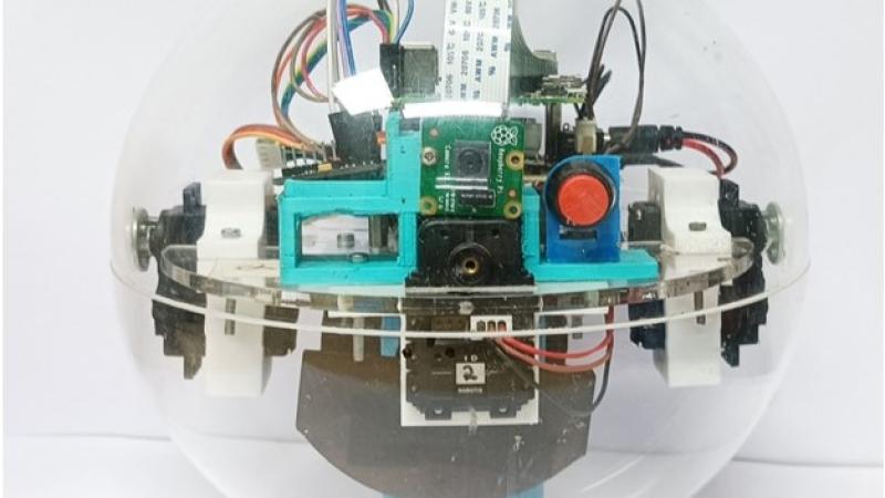 Test setup using a spherical robot (diameter 20 cm.) with camera (front view). Image Courtesy: Prof. Leena Vacchani spherical robot