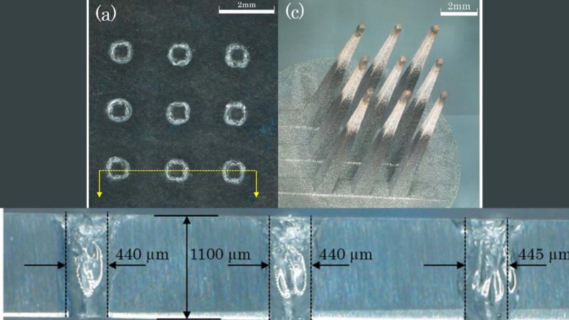 काँच में बनाये कई आर-पार छेदों के सूक्ष्मदर्शी चित्र